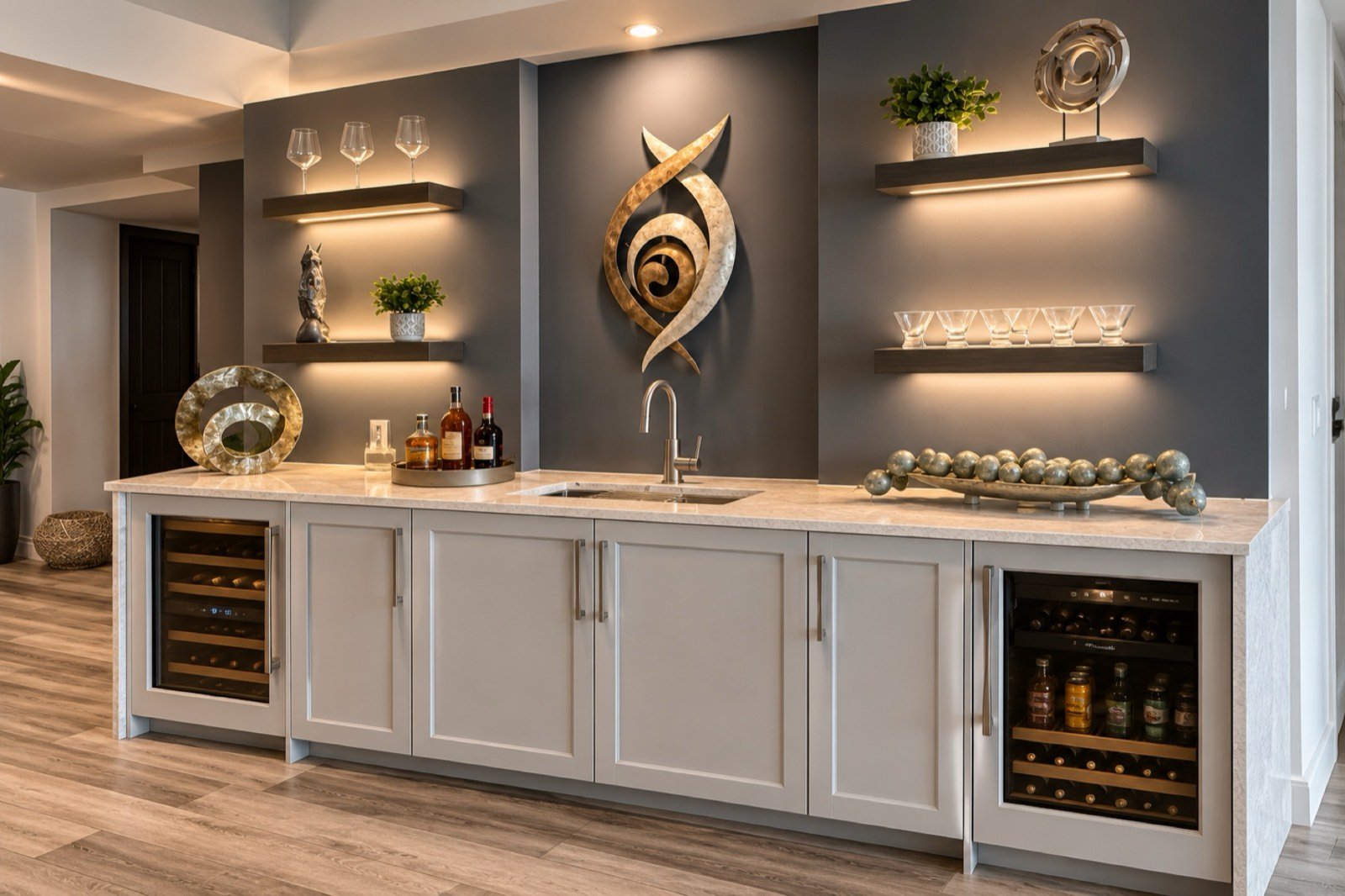 Custom built-in wet bar cabinetry by Coastal Precision CNC