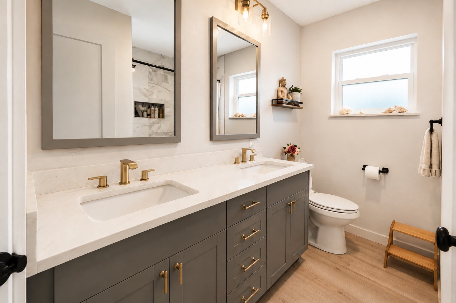 Charcoal vanity with gold hardware by Coastal Precision CNC