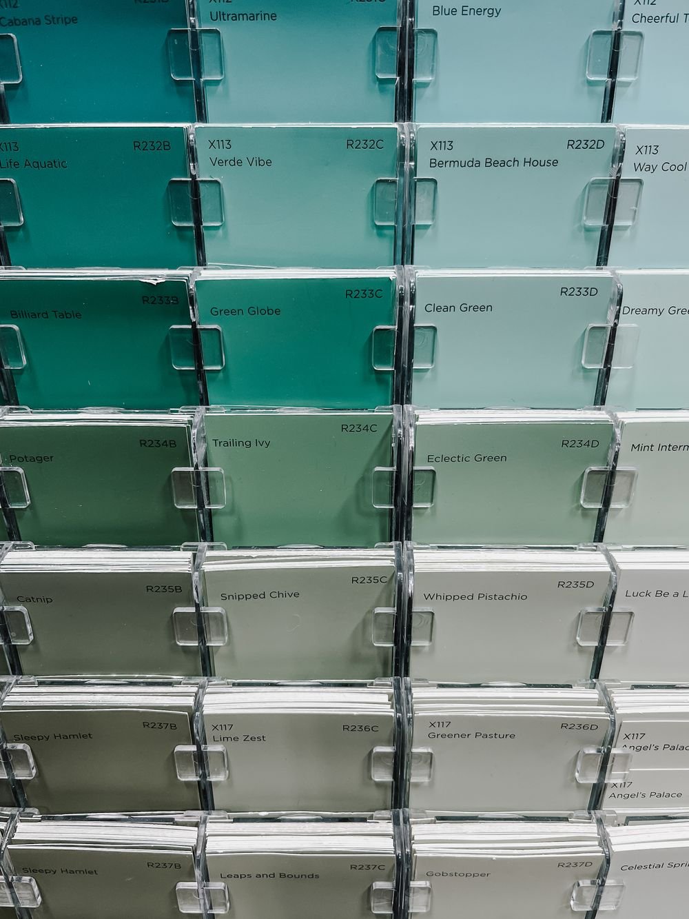 Wall of paint color chips used for cabinet paint color matching