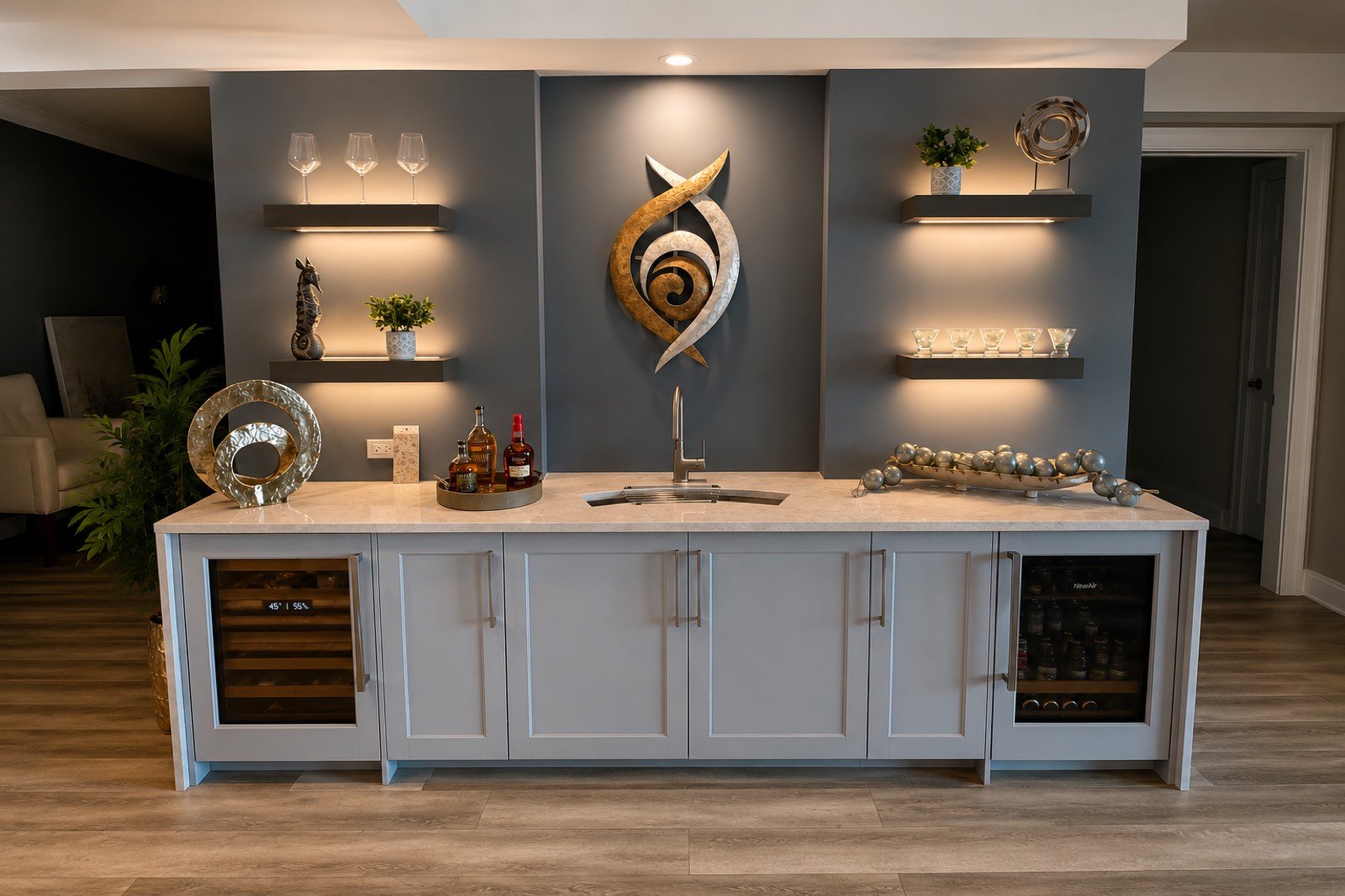 Modern wet bar with dual wine coolers by Coastal Precision CNC