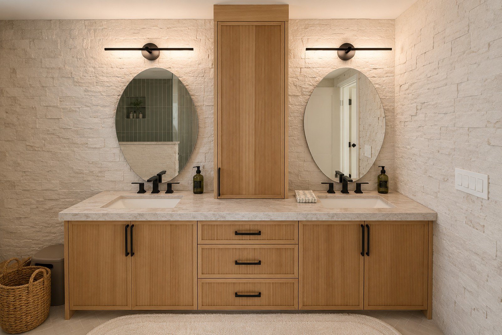Oak double vanity with stone accent wall by Coastal Precision CNC