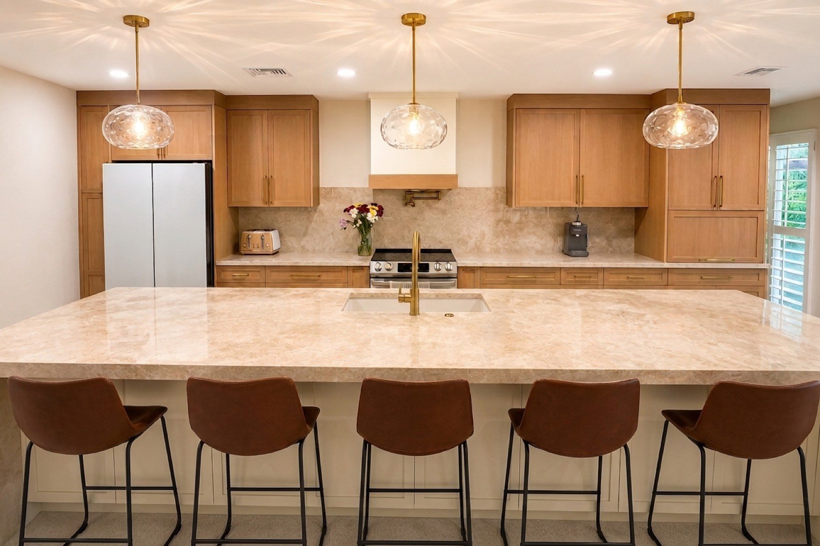 Oak kitchen with triple pendant lighting by Coastal Precision CNC
