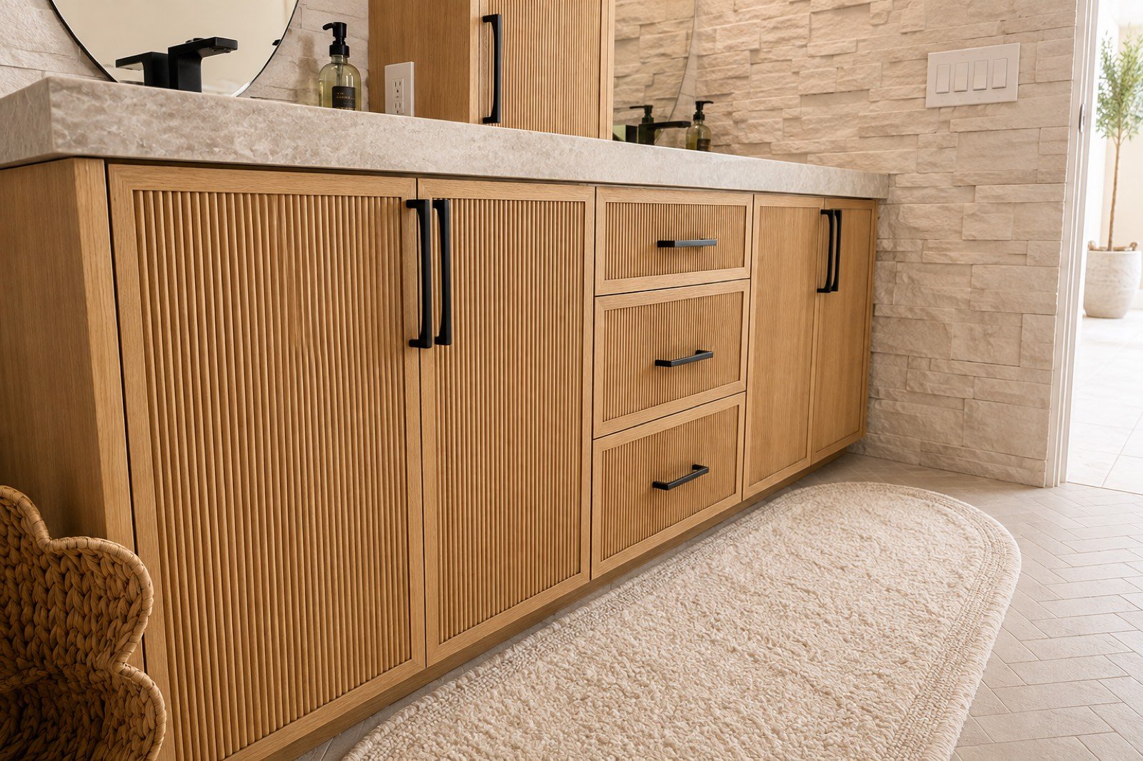 Reeded oak vanity detail by Coastal Precision CNC