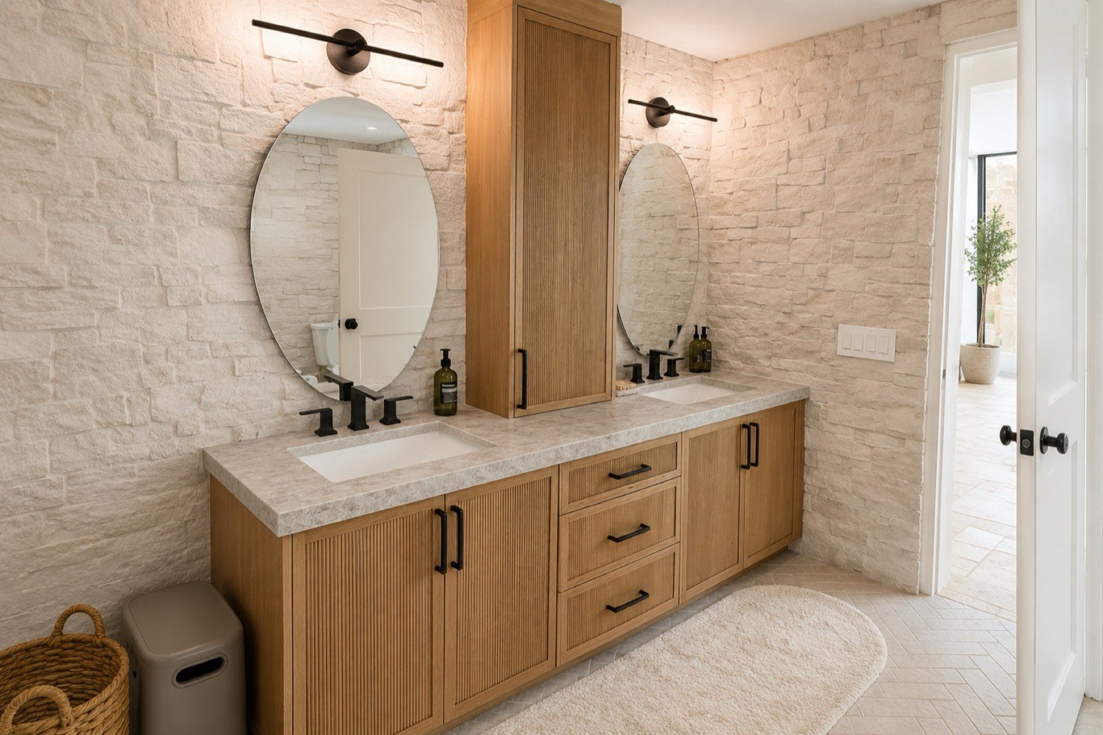 Custom reeded white oak double vanity by Coastal Precision CNC