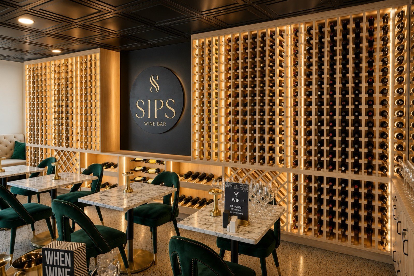 Custom wine wall built by Coastal Precision CNC, SIPS Wine Bar