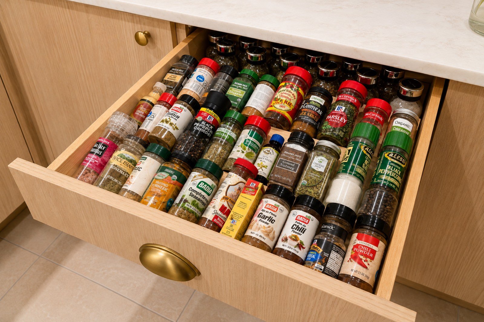 Custom spice drawer organization by Coastal Precision CNC