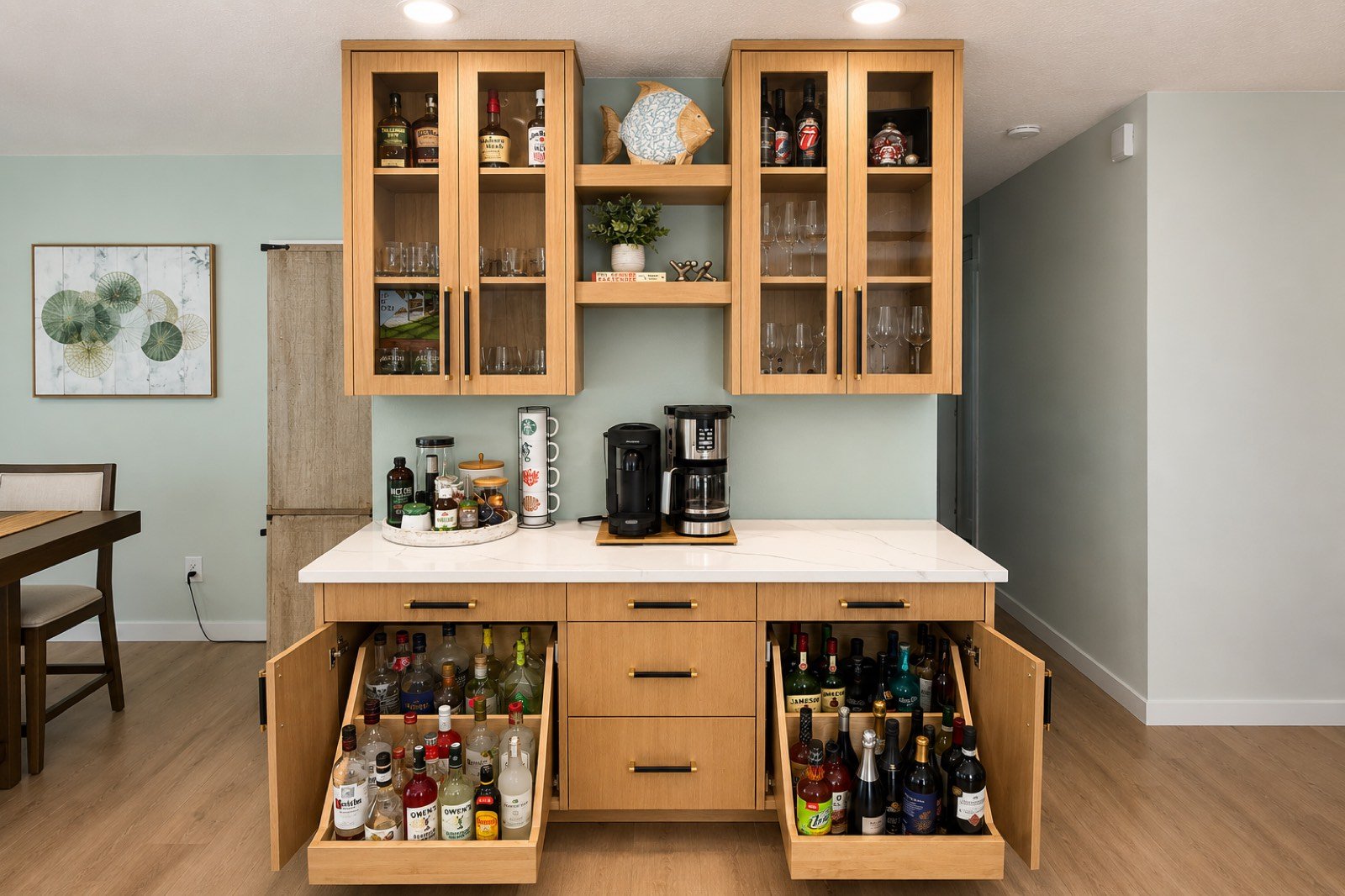 Wet bar with pull-out beverage drawers by Coastal Precision CNC