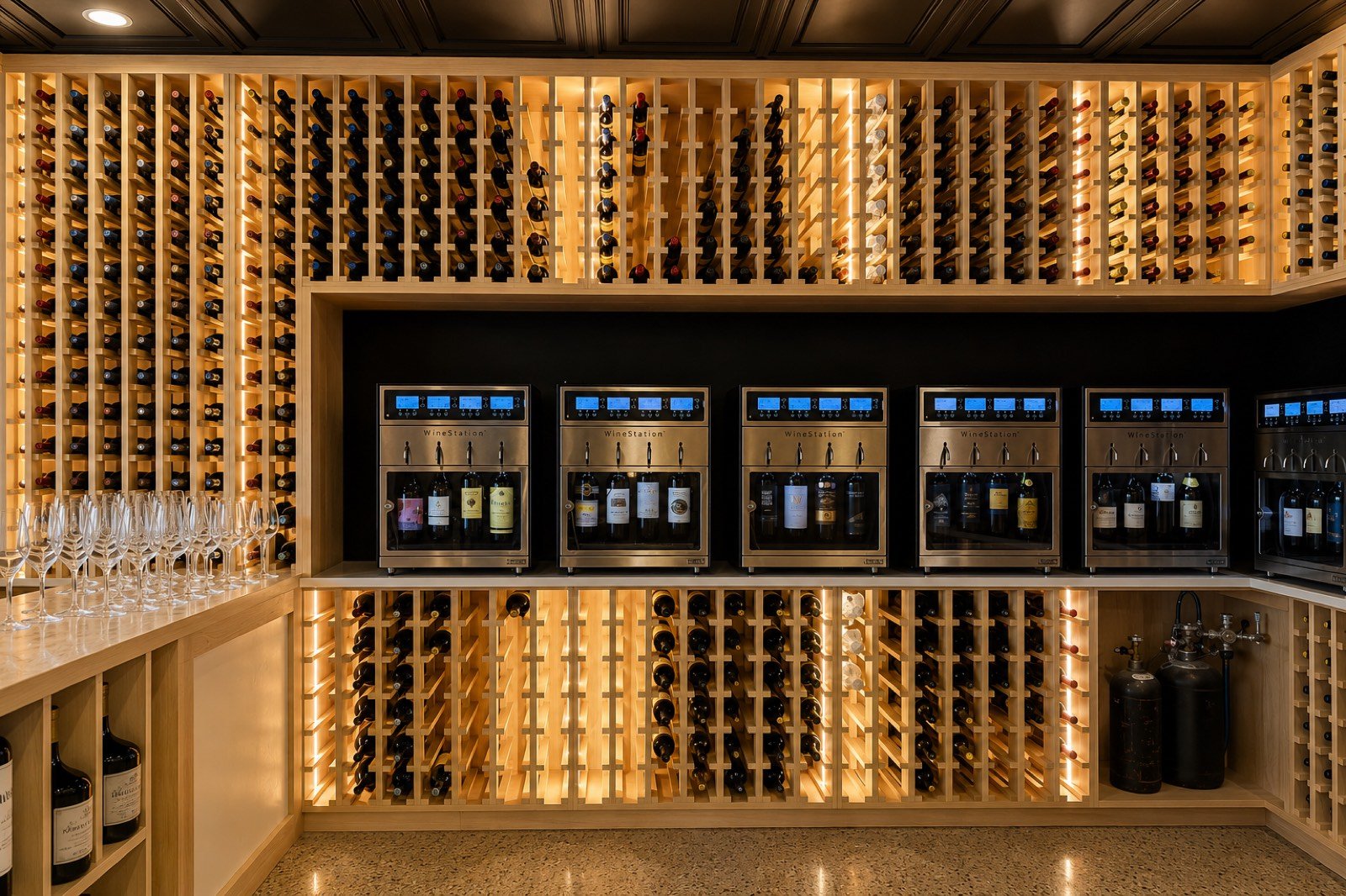 Custom wine cellar with climate-controlled racks by Coastal Precision CNC